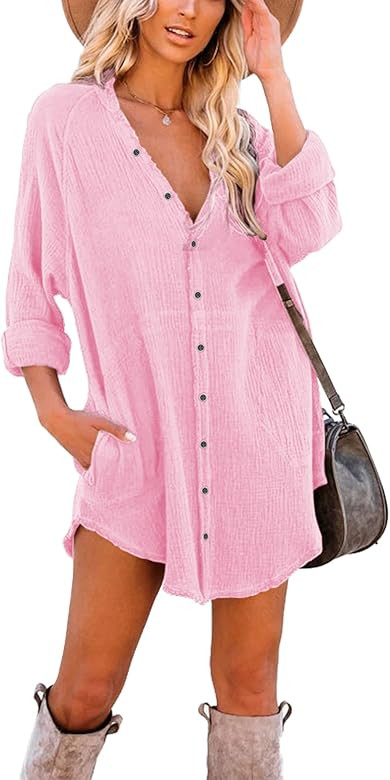 iGENJUN Women's Long Sleeve Beach Cover-ups Button Down Oversized Tunic Dress Shirt Boho Dresses ... | Amazon (US)