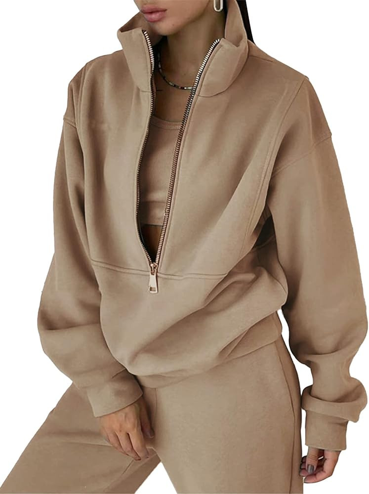 COZYPOIN Women Fleece 2 Piece Outfit Half Zip Sweatshirt And Joggers Sweatpants Y2K Set Tracksuit | Amazon (US)