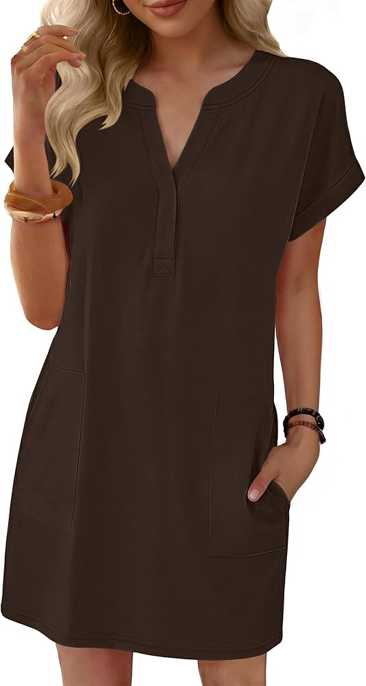 ANRABESS Summer Dresses for Women Casual V Neck Short Sleeve Mini Tshirt Dress 2026 Loose Fit Bea... | Amazon (US)