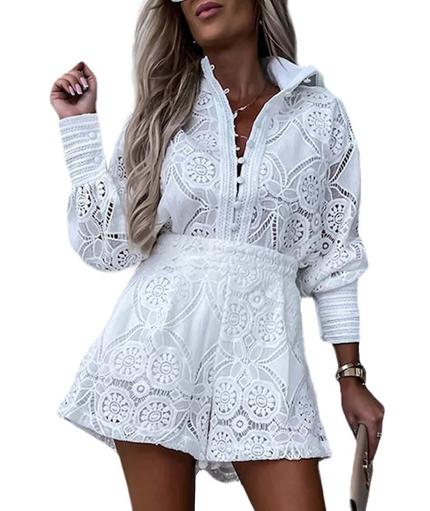 SOMTHRON Women's Summer Eyelet Lace Two Piece Outfits Long Sleeve Blouse Tops Shorts Floral Embro... | Amazon (US)