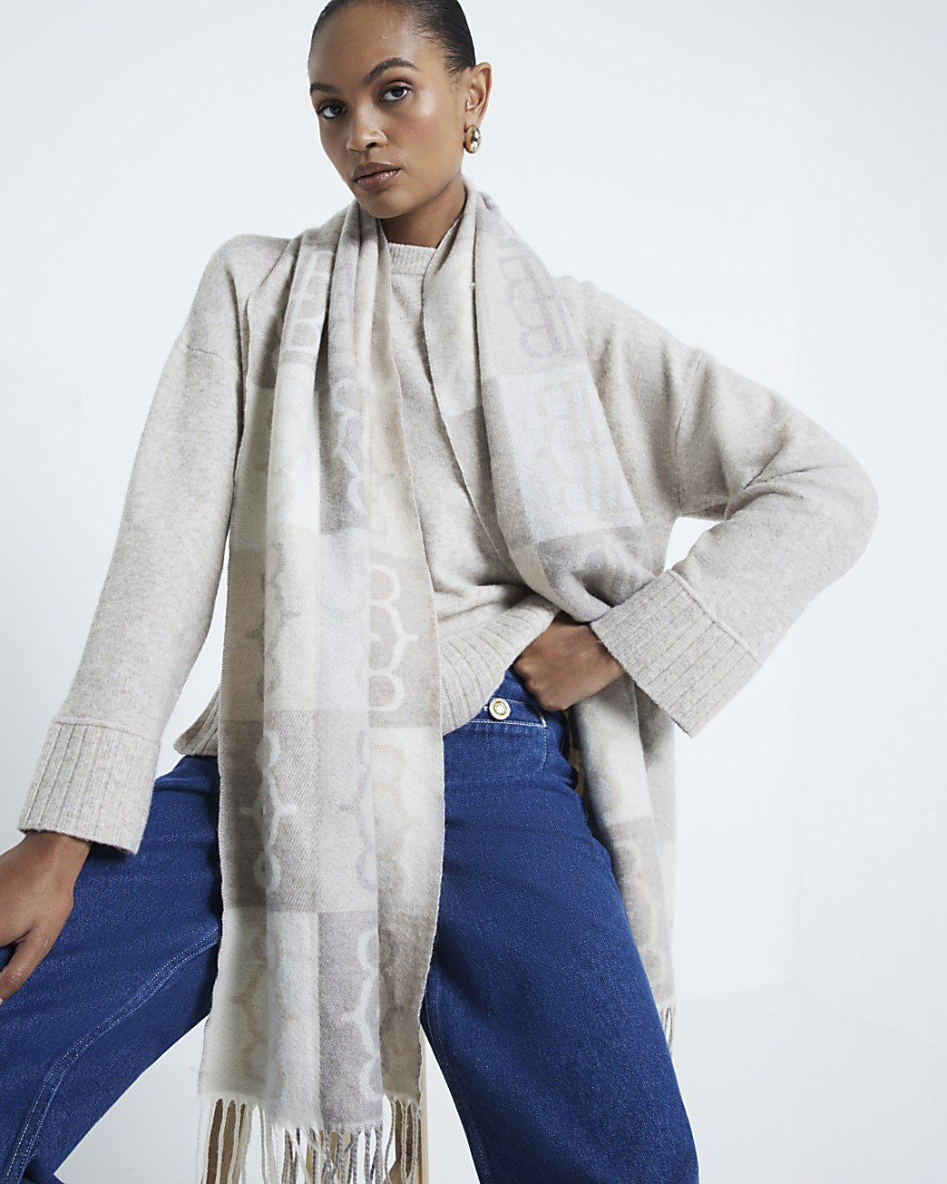 Beige Monogram Grid Scarf | River Island (UK & IE)