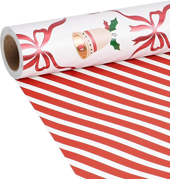 LaRibbons Reversible Foil Christmas Wrapping Paper, Metallic Red Foil Bows with Holly & Stockings... | Amazon (US)