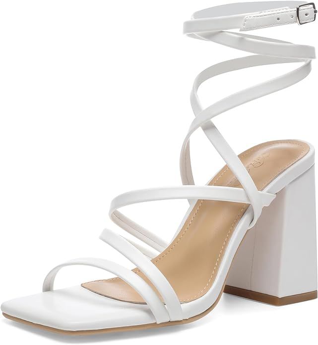 Women's Clear Strappy Sandals Chunky Heel Square Toe Dress Shoes | Amazon (US)
