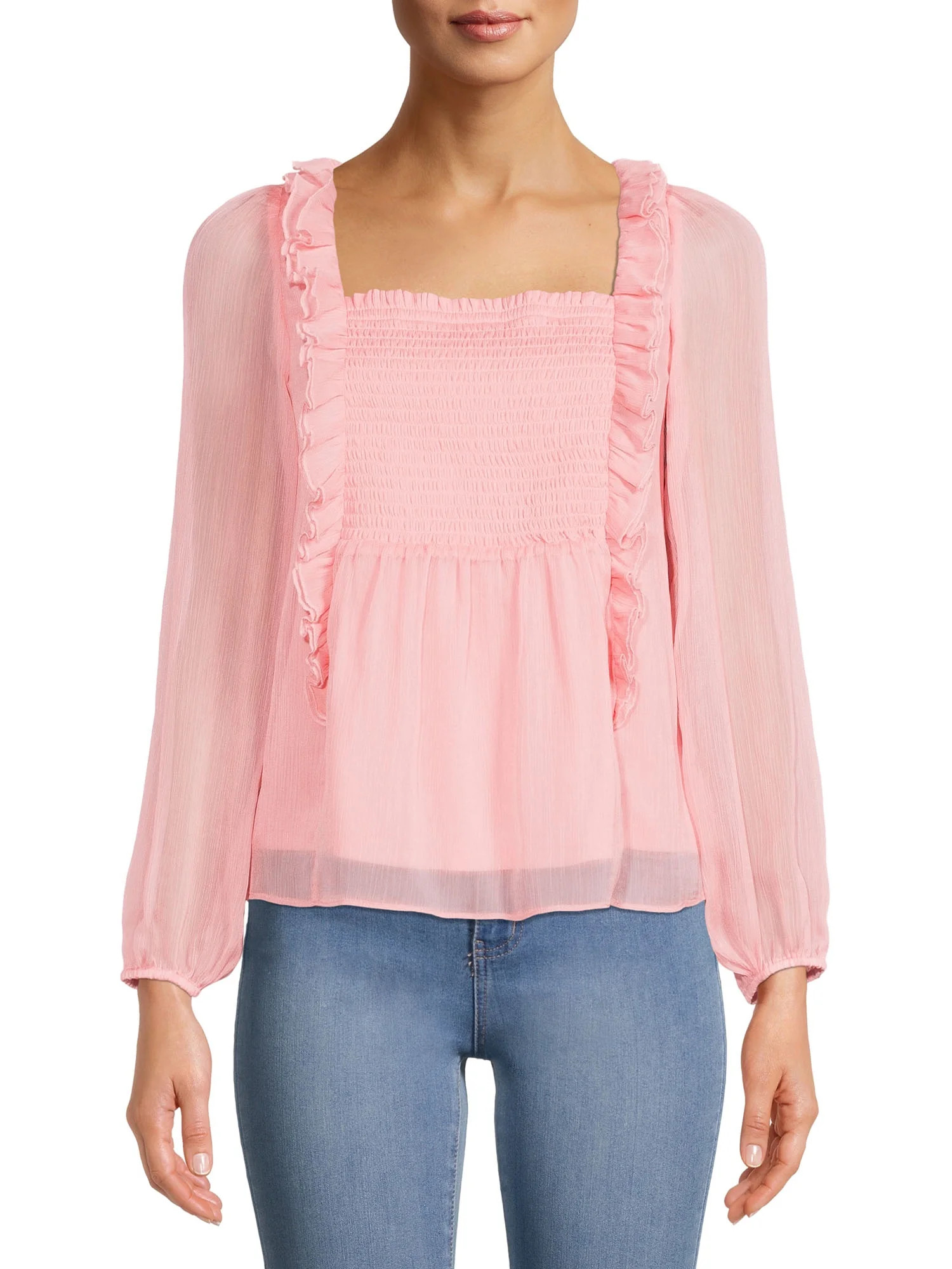 Time and Tru Women's Smocked Ruffle Top with Long Sleeves | Walmart (US)