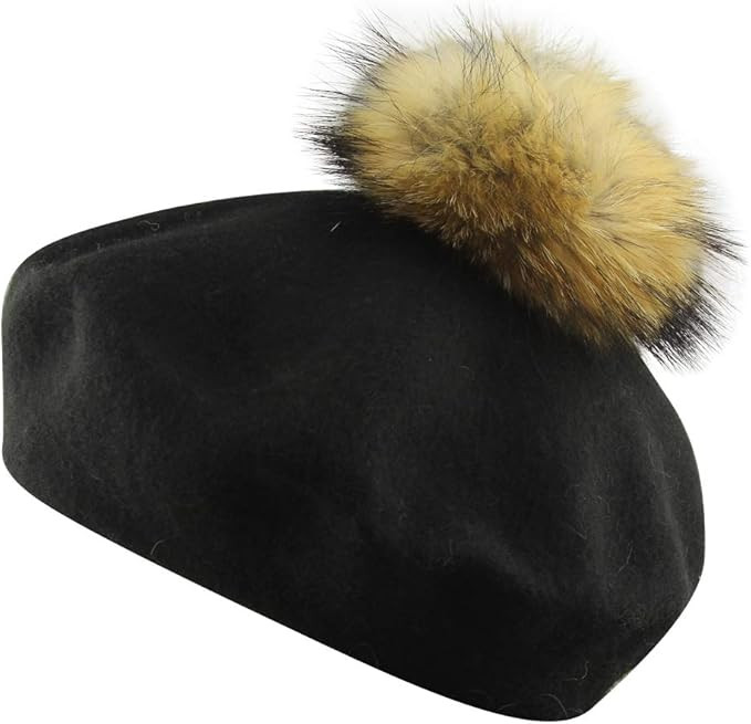 Womens French Artist Wool Beret Fur Pompom Hats | Amazon (US)