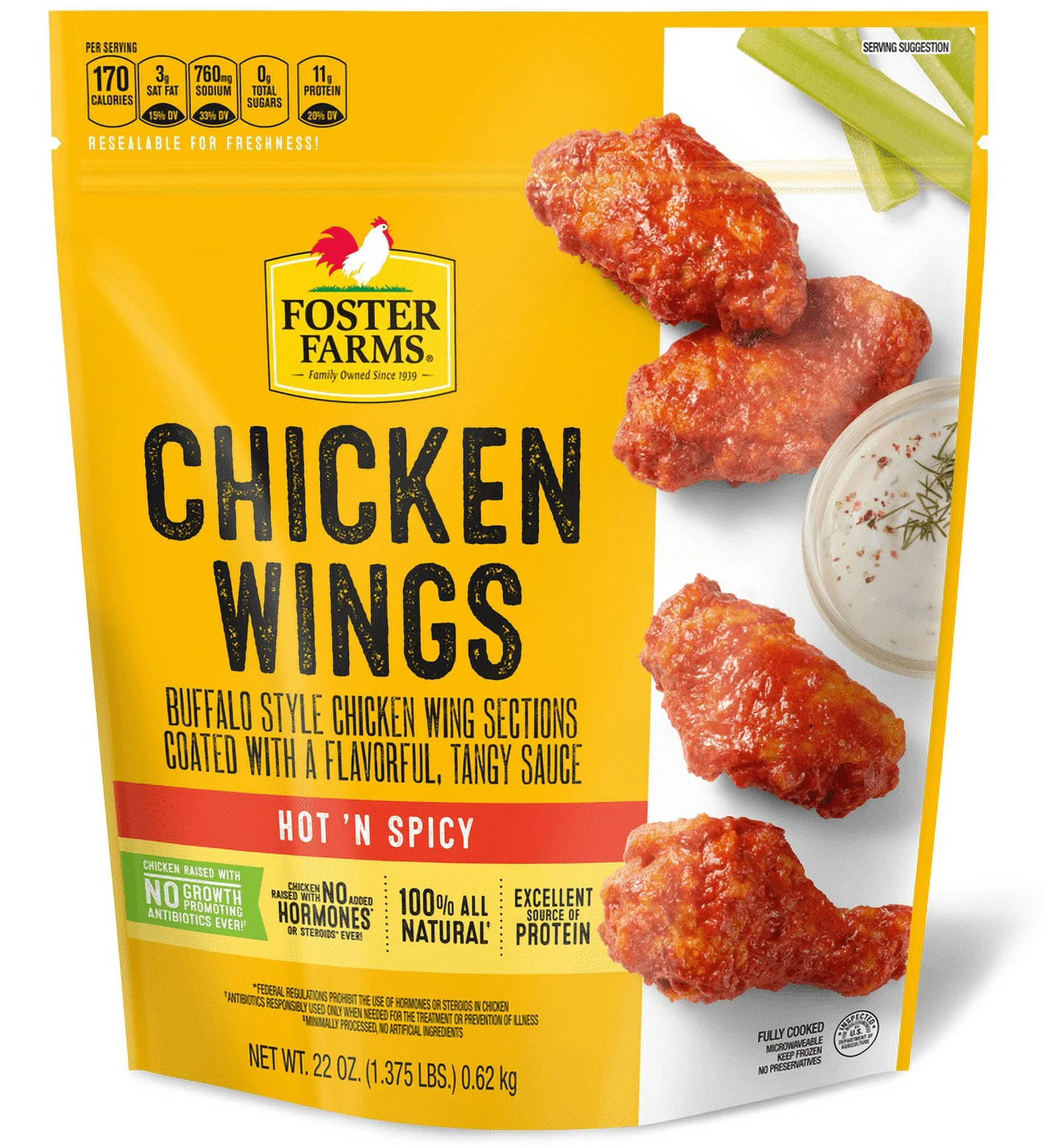 Foster Farms, No Antibiotics Ever Hot & Spicy Chicken Wings, Fully Cooked 22 oz (1.375 lb) Bag | Walmart (US)