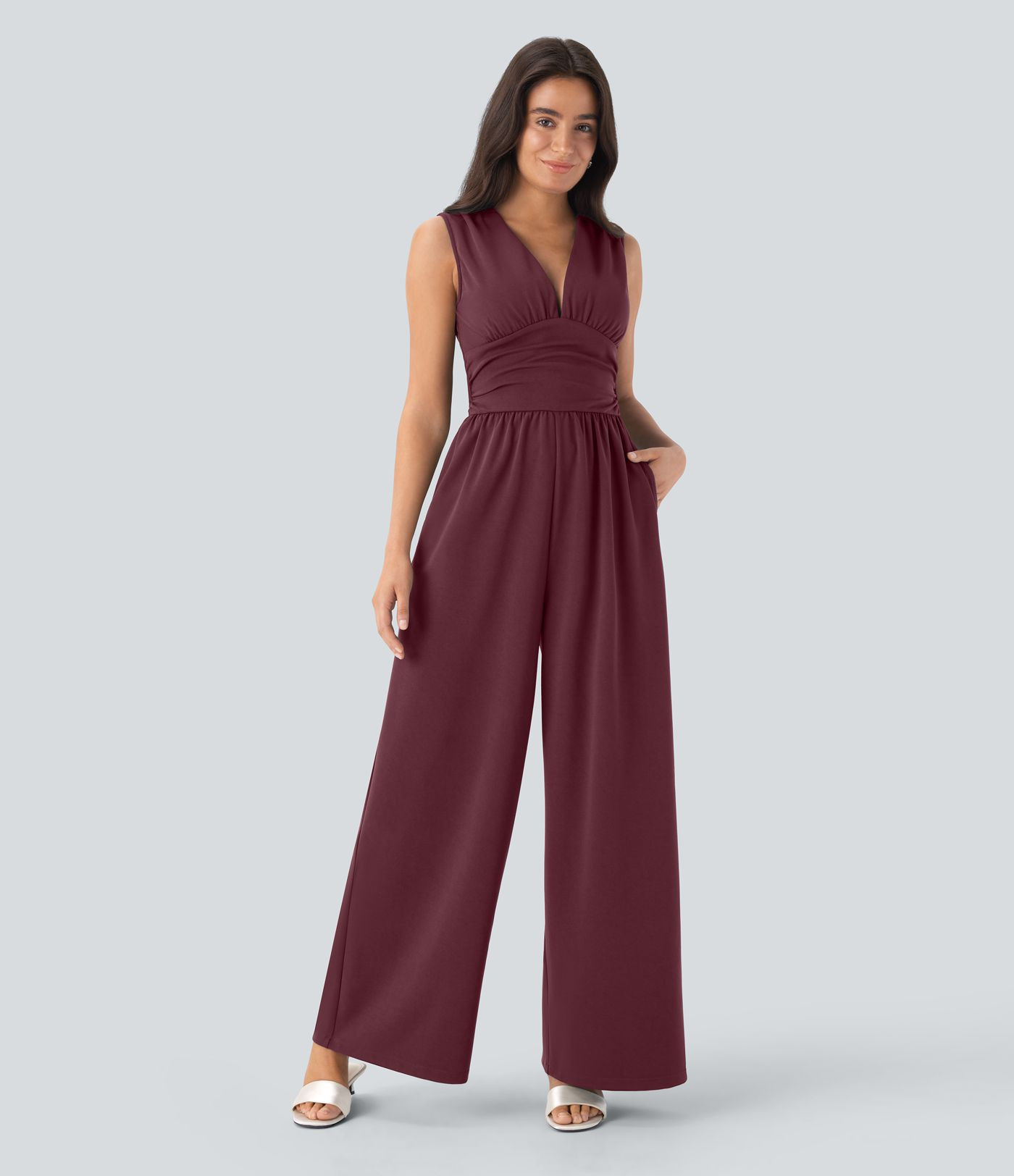 V Neck Sleeveless Ruched Pocket Jumpsuit-Easy Peezy | HALARA