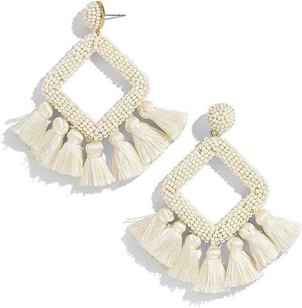 Beaded Tassel Earrings Statement Handmade Bohemian Beaded Dangle Earrings for Women Wedding Brida... | Amazon (US)