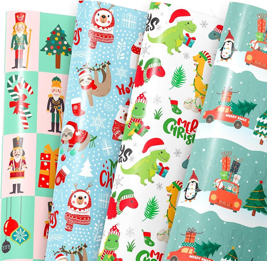 MotiGiftie Christmas Wrapping Paper for Kids Boys Girls, 12 Sheets Xmas Gift Wrapping Paper Dinos... | Amazon (US)