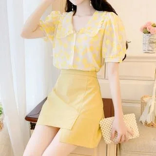 Set: Flower Print Puff-Sleeve Blouse + Mini A-Line Skirt | YesStyle Global