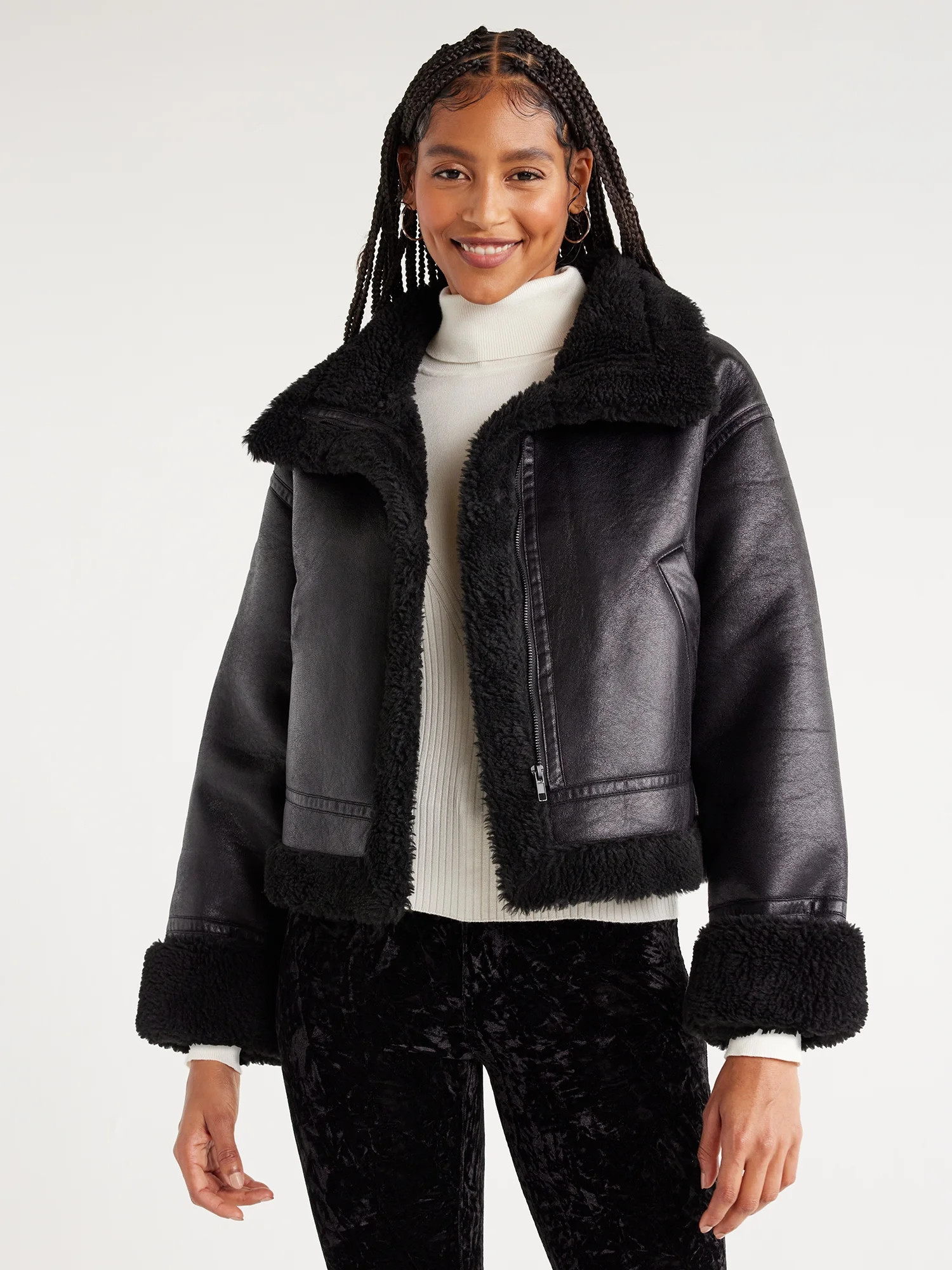 Scoop Women's Faux Suede Cropped Bomber Jacket with Faux Sherpa Lining, Sizes XS-XXL | Walmart (US)