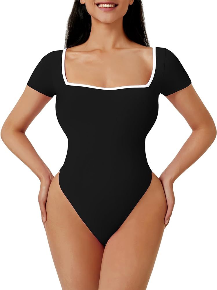 Women's Square Neck Bodysuit Sexy Short Sleeve Bodysuit Thong Body Suit Slim Fitting Basic Bodysu... | Amazon (US)