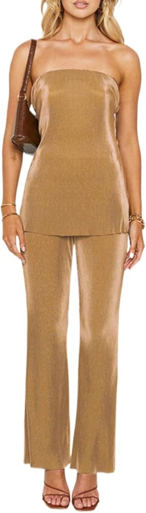 NUFIWI Womens Sexy 2 Piece Pants Set Strapless Off Shoulder Tube Tops Pleated Wide Leg Pants Y2k ... | Amazon (US)