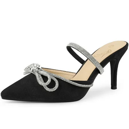 Unique Bargains Women's Pointed Toe Rhinestones Bow Stiletto Heel Slip on Mules | Walmart (US)