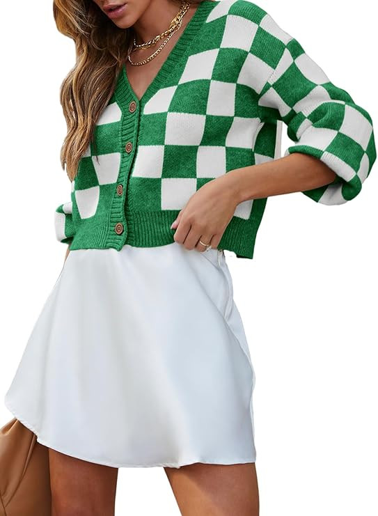 Dokotoo Womens Checkered V Neck Button Down Long Sleeve Cable Knit Cropped Cardigan Sweaters Tops | Amazon (US)