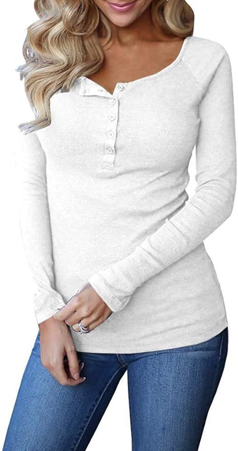 Remikstyt Womens Long Sleeve Henley Shirts Ribbed Button Down Casual Tunic Tops | Amazon (US)