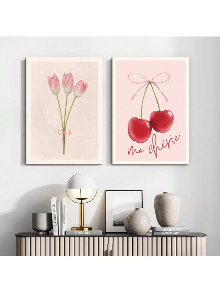 Set Of 2 Pink Bow My Cherry Coquette Tulip Art Canvas Poster Print,,Ideal Gift For Trendy Pink Gi... | SHEIN