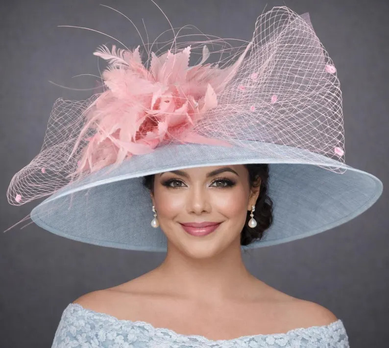 Powder Blue Lily Pink Wide Brim Kentucky Derby Hat, Ascot Hat for Wedding Ea Party, Garden Party ... | Etsy (US)