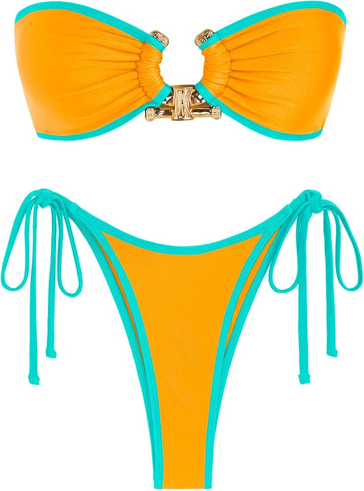 ZAFUL Metal Ring Bandeau Bikini Set Tie Side Bathing Suit High Cut 2 Piece Swimsuit Cutout Swimwe... | Amazon (US)