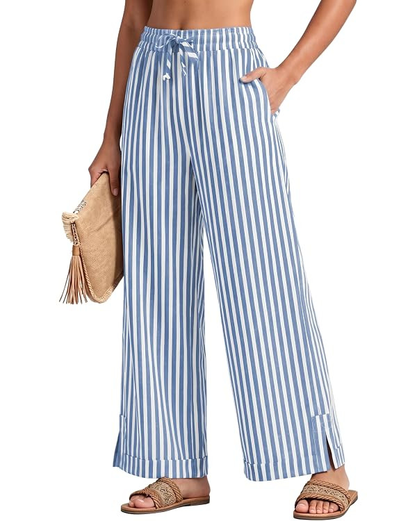 Athlisan Womens Wide Leg Striped Palazzo Pants Casual Summer Elastic Waisted Beach Lounge Trouser... | Amazon (US)