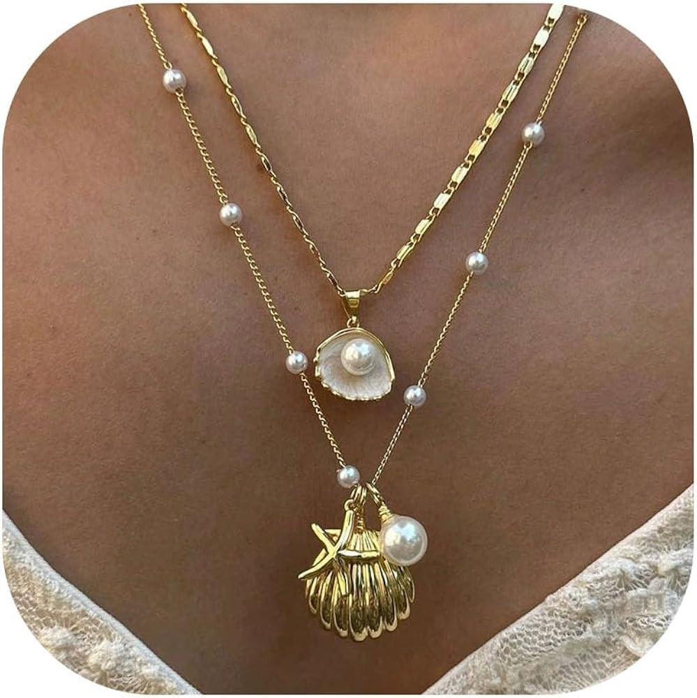 Gold Starfish Shell Necklace for Women Boho Layered Conch Sea Shell Starfish Seashell Turtle Pend... | Amazon (US)