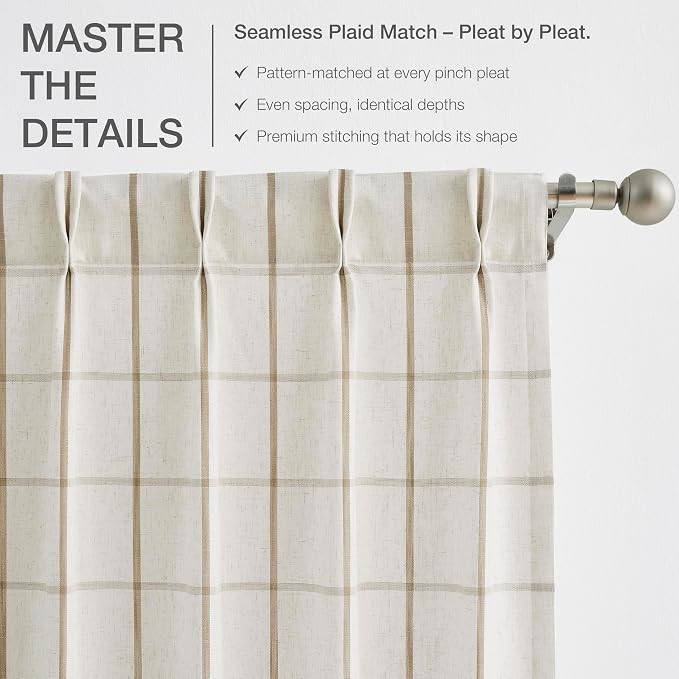 Vision Home Natural Linen Plaid Pinch Pleated Semi Sheer Curtains Checkered Light Filtering Windo... | Amazon (US)