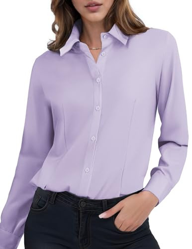 HOTOUCH Woman Long Sleeve Oxford Button Down Shirts Collared Shirt Slim Fit Cotton Blouse Lilac Purple XS | Amazon (US)