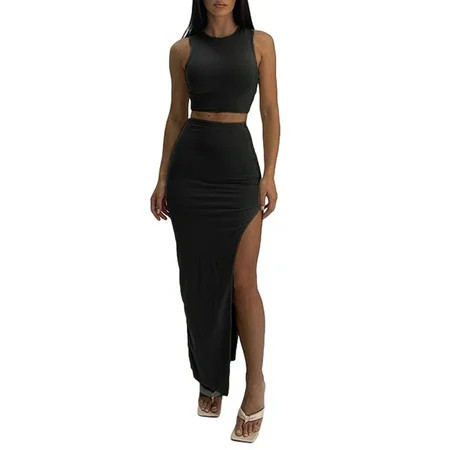 Women Summer 2 Pieces Outfits Sleeveless Crop Tank Tops and Wrapped Hip High Slit Long Skirts Set Pa | Walmart (US)