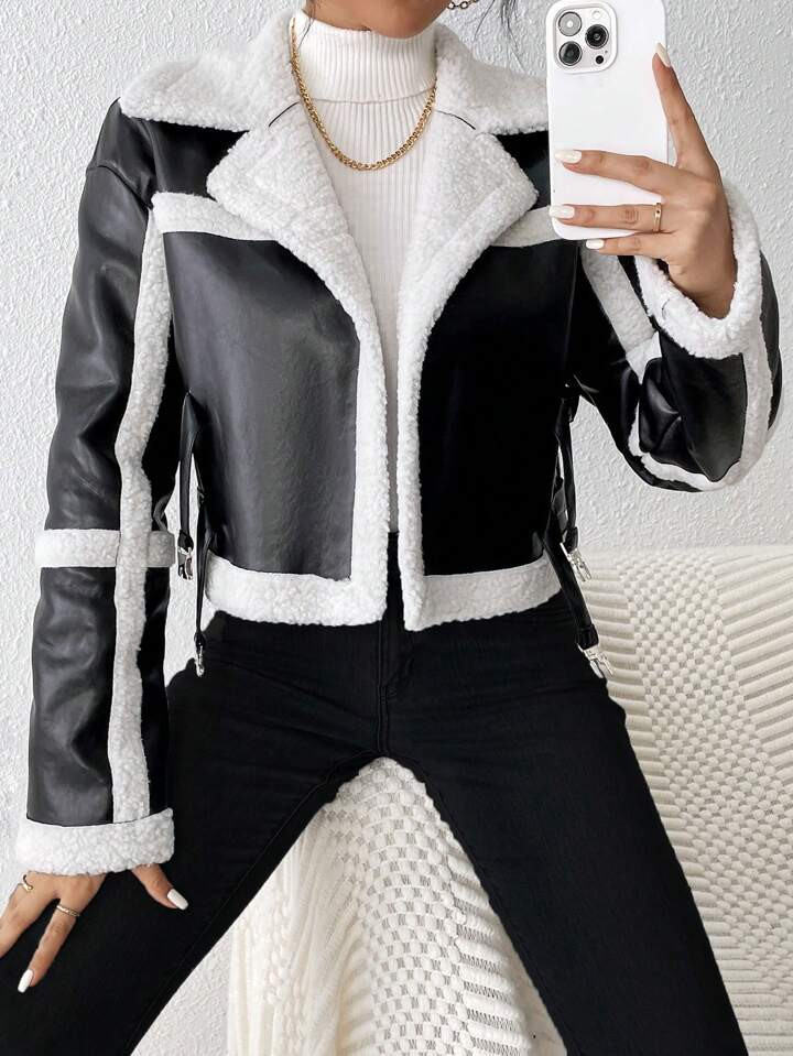 SHEIN Privé Lapel Neck Buckle Front Teddy Lined PU Leather Moto Jacket | SHEIN