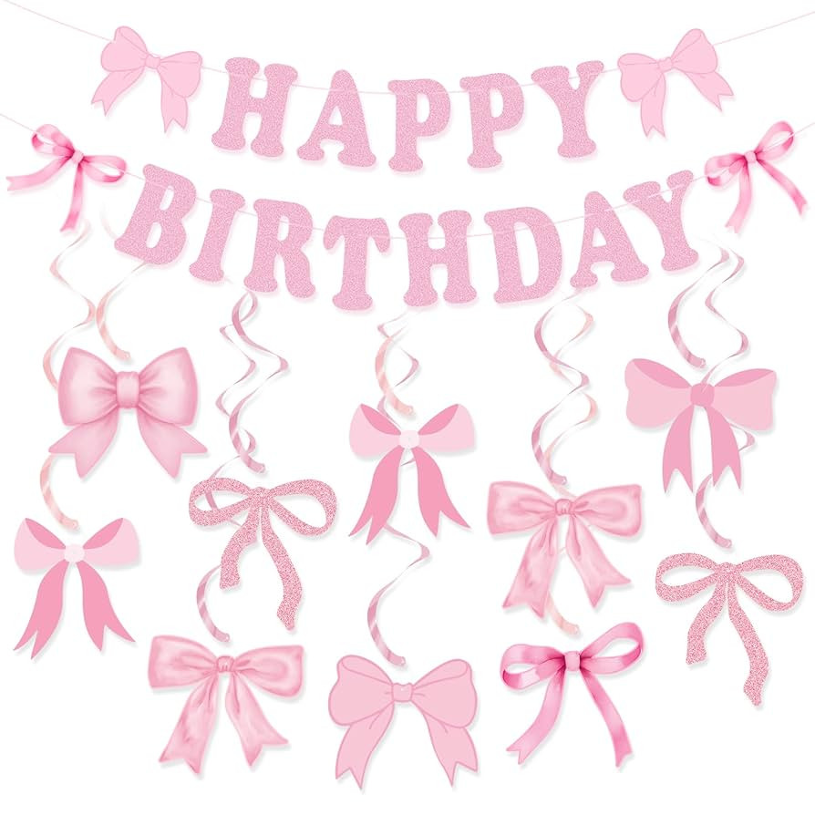 Bow Birthday Party Decorations, Pink Bow Birthday Banner Bow Party Hanging Swirls Set for Women G... | Amazon (US)