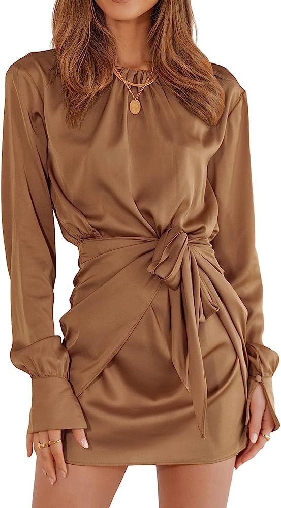 PRETTYGARDEN Women's Satin Dress Long Sleeve Crewneck Elastic Tie Waist Elegant Cocktail Party Mi... | Amazon (US)