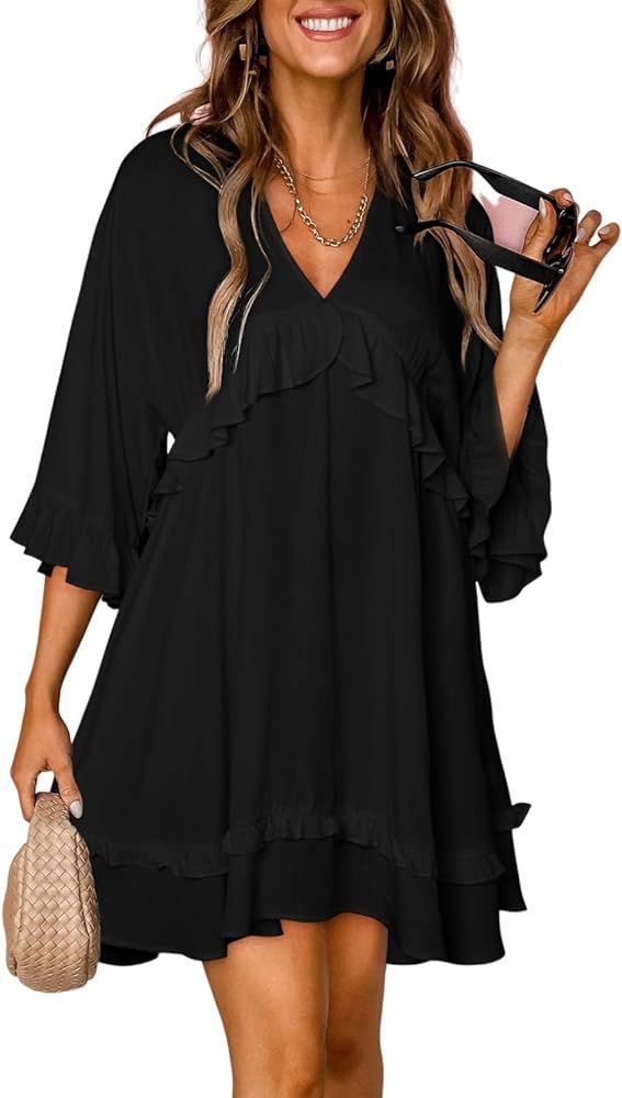 Dokotoo Womens 2024 Summer Ruffle Short Sleeve Sundress V Neck Tunic Dress Casual Loose Flowy Swi... | Amazon (US)