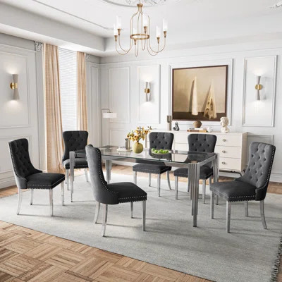7 Piece Dining Table Set,80.71” Rectangular Glass Dining Table And 6 Luxurious Velvet Chairs | Wayfair North America