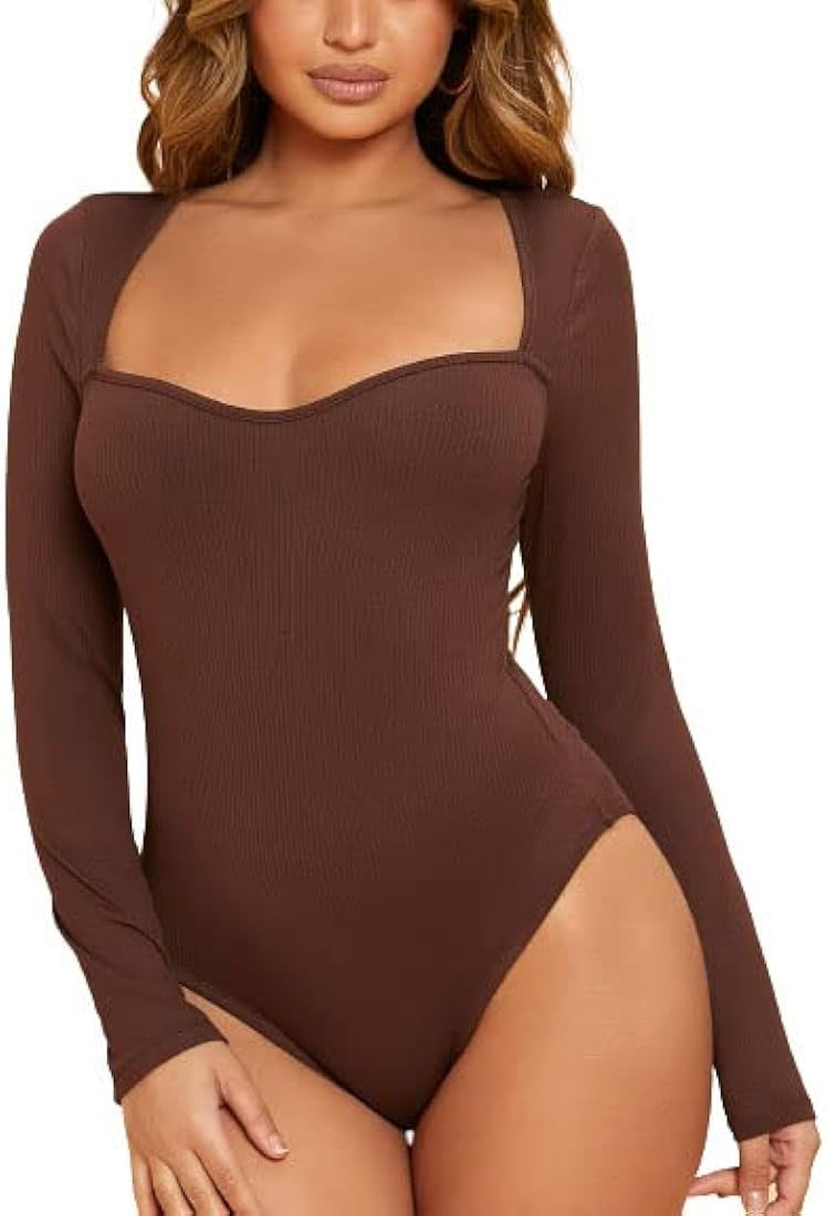 LilyCoco Womens Long Sleeve Bodycon Bodysuit Deep V-Neck Stretchy Leotard Top | Amazon (US)