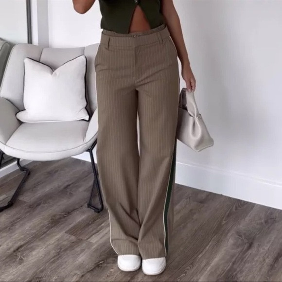 ZARA Pinstripe trousers with boxer detail Brown/white/green Pants Size M NWOT | Poshmark