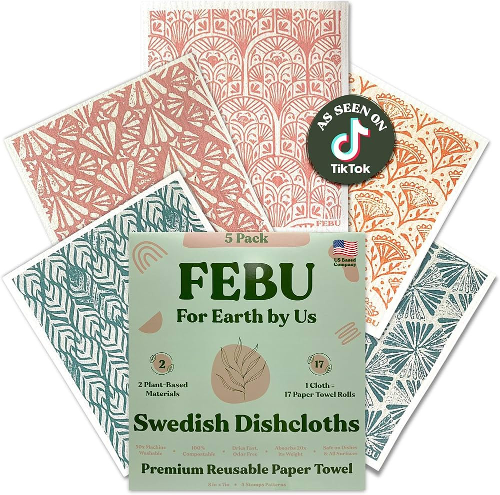 FEBU Swedish Dishcloths for Kitchen | 5 Pack Stamps Reusable Paper Towels Washable | Swedish Dish... | Amazon (US)