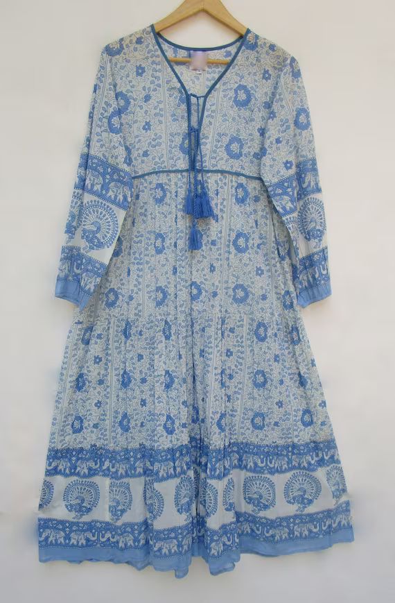 Floral Printed Cotton Long Maxi Dress  V Neckline With Tassel | Etsy | Etsy (US)