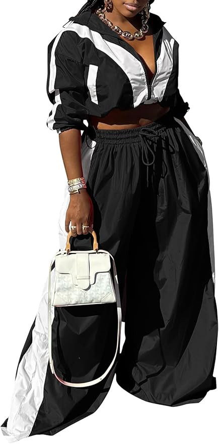Angsuttc Track Suits for Women Set Color Block Two Piece Long Sleeve Cropped Jacket and Wide Leg ... | Amazon (US)
