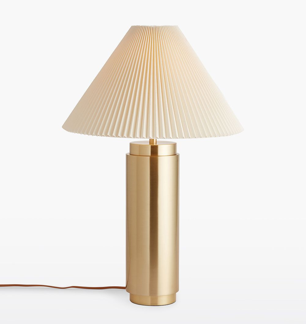 Barden Cylinder Table Lamp, Antique Brass - White Pleated Shade | Rejuvenation