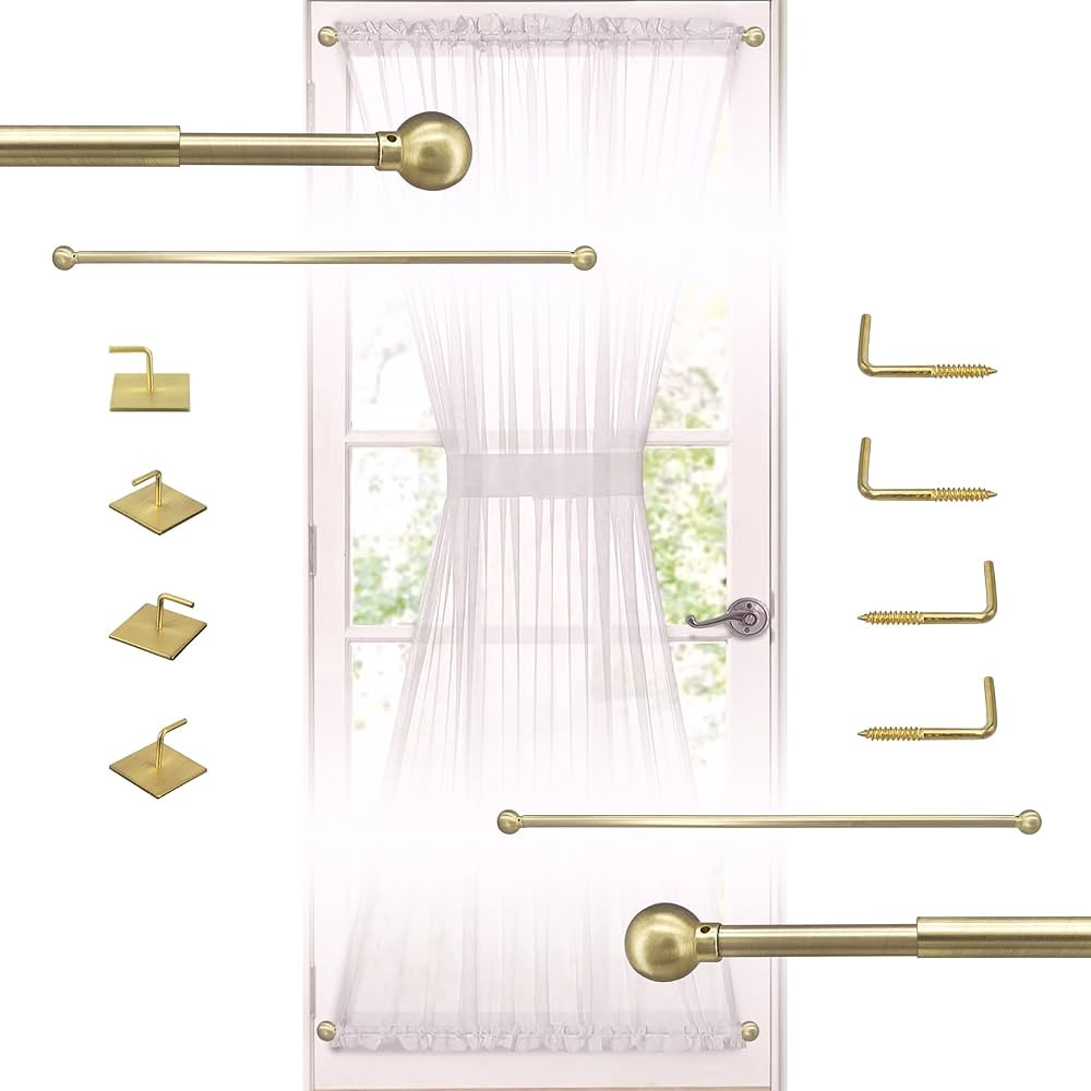 French Door Curtain Rods - 2 Pack, Adjustable 16-28 Inch, No Drill Adhesive or Screw Mount, Brass... | Amazon (US)
