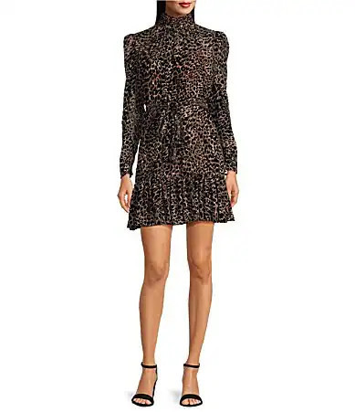 Alex Marie Carley Leopard Velvet Burnout Turtleneck Long Sleeve Mini Dress - 2 | Dillard's