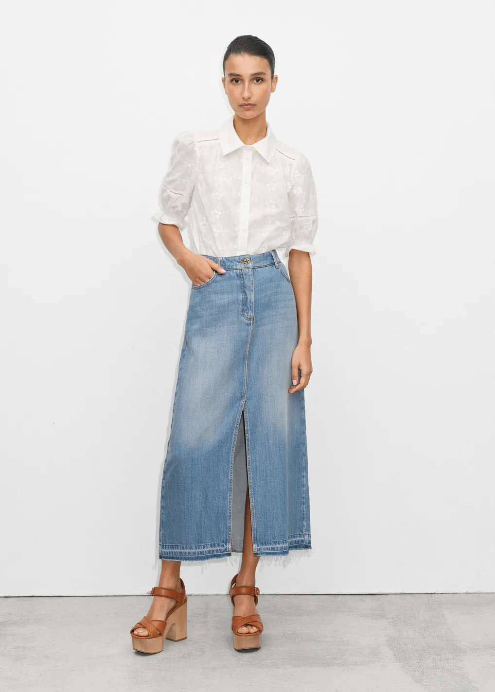 Denim Tube Midi Skirt | ME + EM