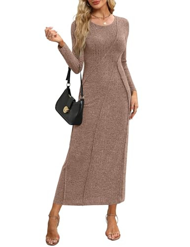 Annebouti Fall Winter Sweater Maxi Dresses for Women 2024 Long Sleeve Formal Ribbed Knit Petite Elegnat Engagement Wedding Guest Long Dress Brown S | Amazon (US)