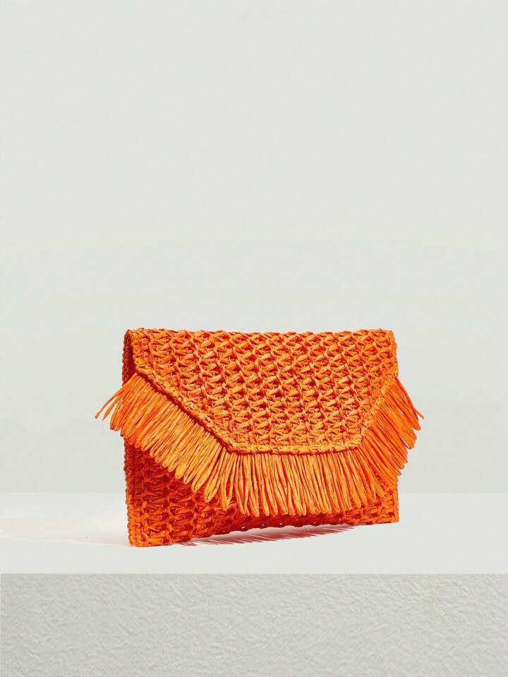 SHEIN SXY Flap Straw Bag Paper Fringe Decor | SHEIN