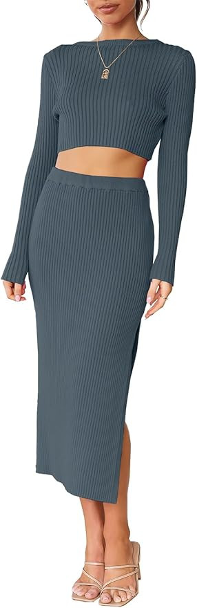 ANRABESS Women's 2 Piece Outfits Dress Long Sleeve Crop Sweater Top & Ribbed Midi Bodycon Skirt S... | Amazon (US)