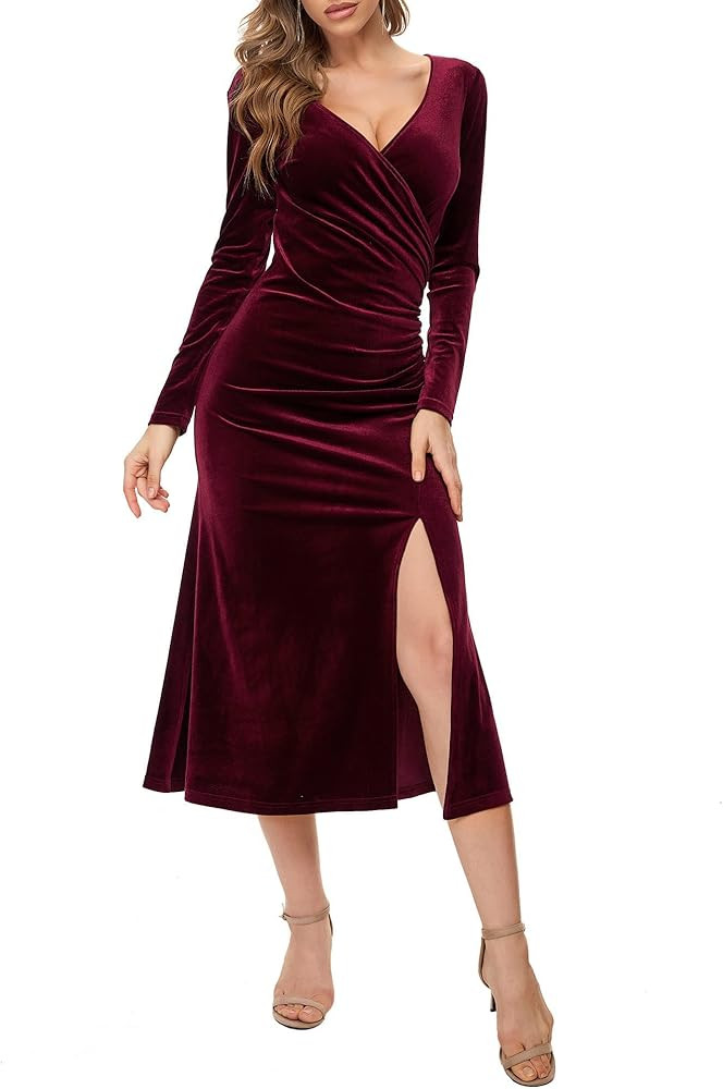 HUHOT Women's Wrap V Neck Long Sleeve Split Elegant Bodycon Ruched Mermaid Velvet Party Cocktail Max | Amazon (US)