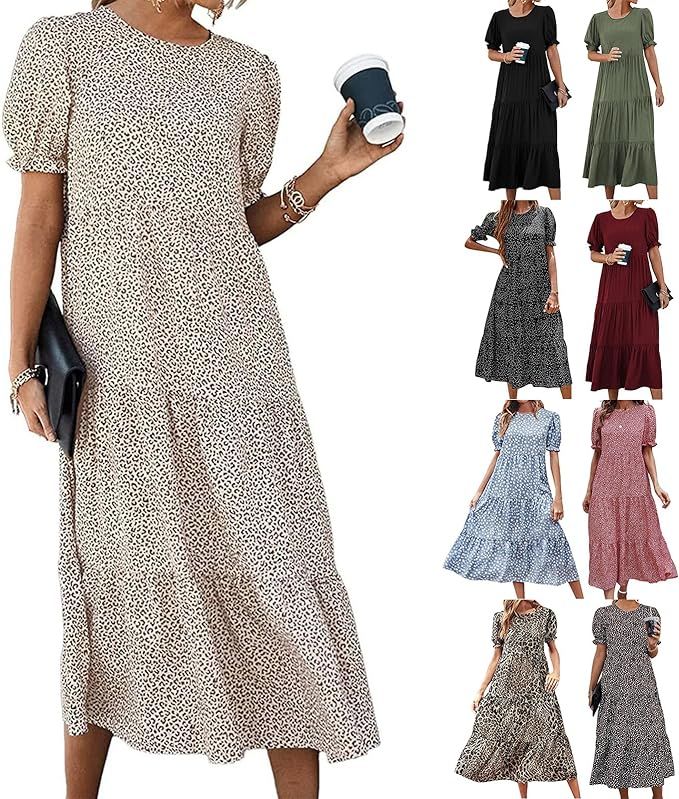 Summer Dresses for Women 2024 Floral Print Ruffle Puff Sleeve High Waist Maxi Dress Trendy Boho B... | Amazon (US)