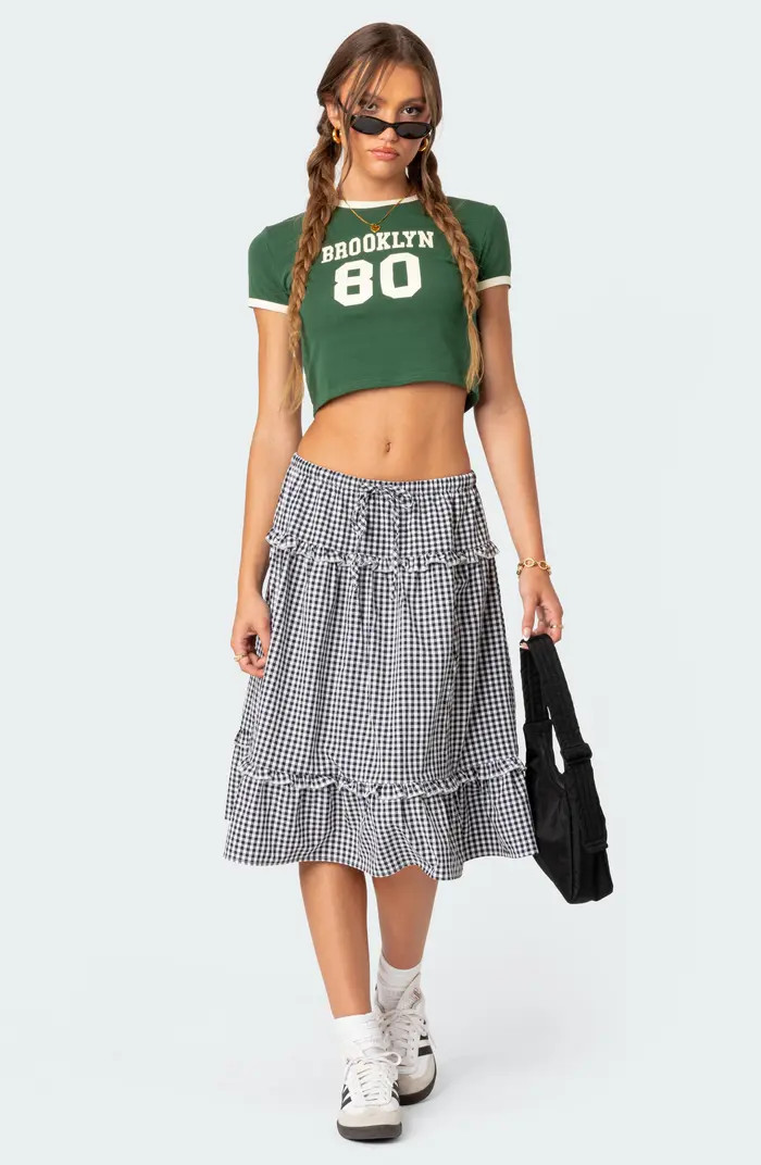 EDIKTED Gingham Tiered Ruffle Midi Skirt | Nordstrom | Nordstrom