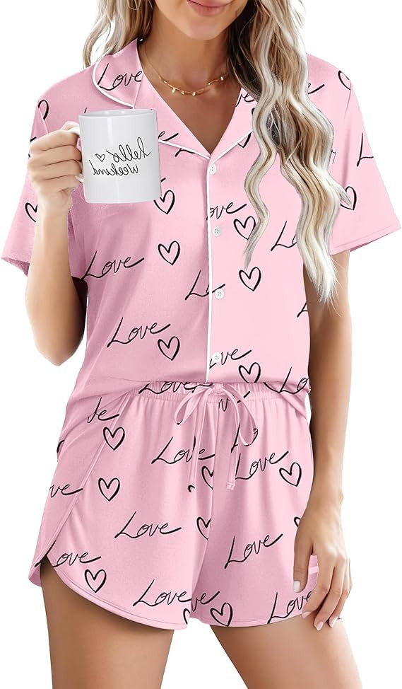 Ekouaer Pajamas for Women Set Button Up Sleepwear 2 Piece Pjs Lounge Set Short Sleeve Nightwear | Amazon (US)