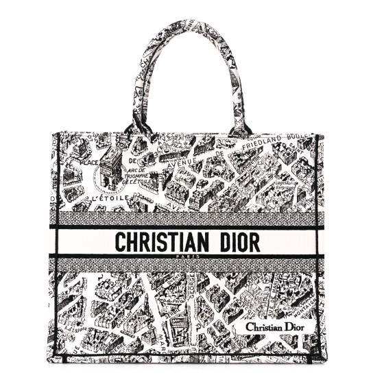 CHRISTIAN DIOR Canvas Embroidered Plan De Paris Book Tote White Black | FASHIONPHILE (US)